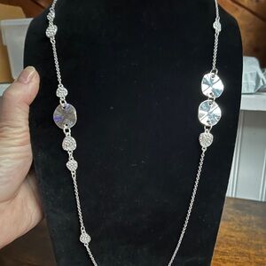 Silver Long Necklace with Disc Accents